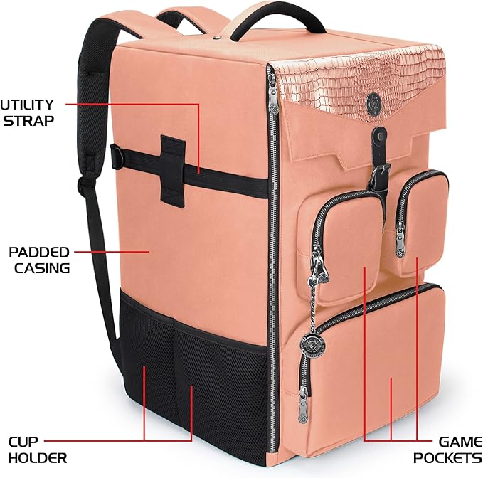 ENHANCE Collector's Edition Board Game Backpack - Reinforced Rigid Board Game Storage with Padded Shoulder Straps Carrying Handle and Accessories Pockets for Dice Cards More (Dragon Pink)