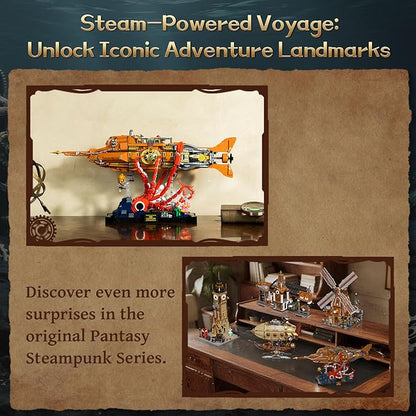PANTASY Steampunk Nautilus Submarine Building Set Modular 3-Section Design with Gear-Linked Propeller Mini Boat &amp Undersea Adventure Scene Retro Mechanical Collectible Model Kit for Adults