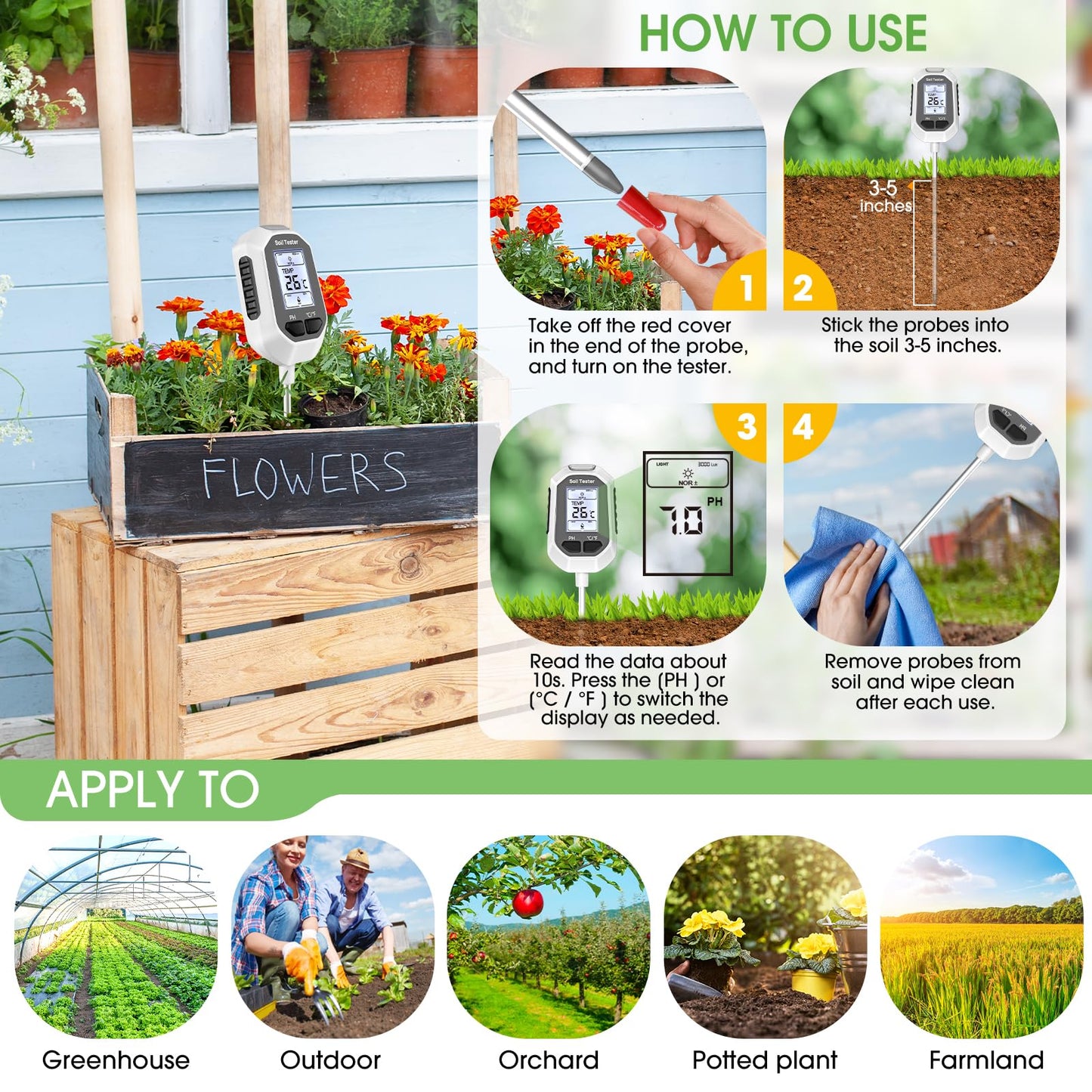 YAMRON 4-in-1 Soil Moisture Meter Digital Plant Temperature/Soil Moisture/PH Meter/Sunlight Intensity Backlight LCD Display Soil Test Meter for Gardening, Farming and Outdoor Plants