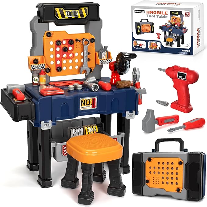 Kids Tool Bench with Electric Drill and Chair Christmas Birthday Gift for Boys Girls Age 345+ Fun Play Kids Workbench Transformable Toddler Tool Box Set Construction Tool Toys for Toddler 3-5