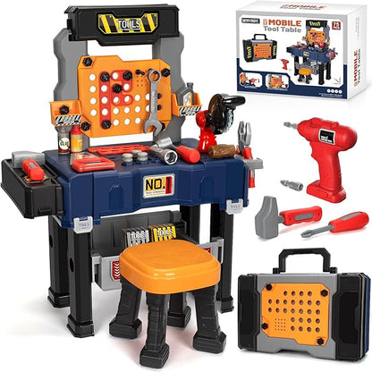 Kids Tool Bench with Electric Drill and Chair Christmas Birthday Gift for Boys Girls Age 345+ Fun Play Kids Workbench Transformable Toddler Tool Box Set Construction Tool Toys for Toddler 3-5