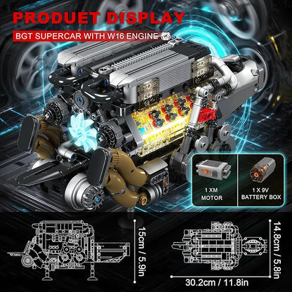 Sosuy W16 Motorized Model Engine Kit for Adult Men Teen Electric Drive Ultra-Realistic Working Replica Home Set for Collection Fans STEM Building Block Toy for Boy Birthday Gift for 8+ Kid 952Pcs