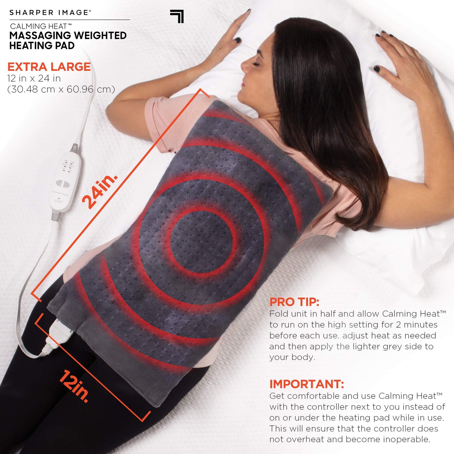 Calming Heat Massaging Weighted Heating Pad by Sharper Image- Weighted Electric Heating Pad with Massaging Vibrations, 9 Settings- 3 Heat, 6 Massage- 18 Relaxing Combinations, 12” x 24”, 4 lbs
