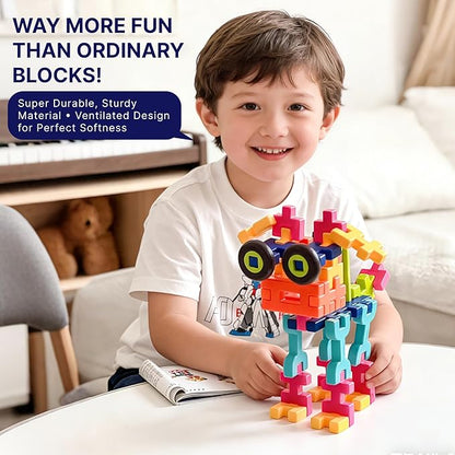 Advanced 3D Interlocking Soft Building Blocks for Kids 100+ Pcs STEAM Construction Set with Figures &amp Pets Sensory Educational Toy for Preschoolers 3-8 with Building Manual &amp Storage Bin