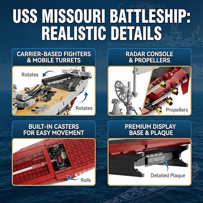 USS Missouri Battleship Building Blocks Set - Iowa-Class Warship Model 2228 Pieces 14+ Adult/Teen Building Toy 83cm Large Scale Replica with Display Stand for Collection &amp Decoration