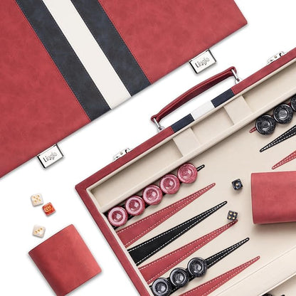 15inch Backgammon Sets for Adults Classic Board Game with Folding Leather Backgammon Case Faux Leather Exterior and Velvet Interior Portable Travel Game Set (Red)