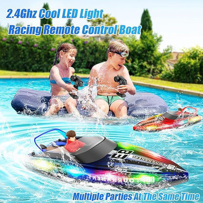 RC Boat with LED Lights 40+ Mins Self-Righting Waterproof Remote Control Boat for Pools Lakes Bathtubs Summer Water Toys for Kids Radio Controlled Watercraft (Blue)