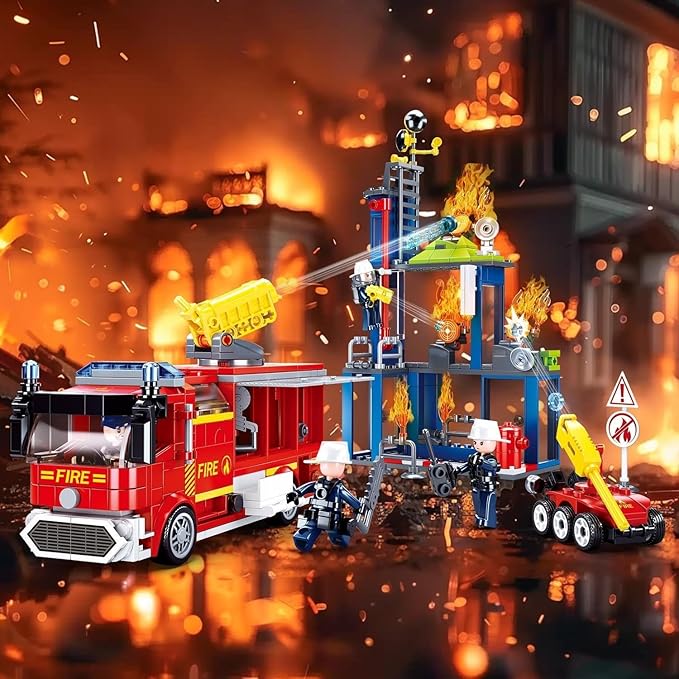 Sluban City Fire Training Set Fire Rescue Building Set with 4 Fireman Minifigures &amp Fire Truck Compatible with Lego City Fire Station Set Building Toys Gifts for Boys Aged 6-12 585 PCS