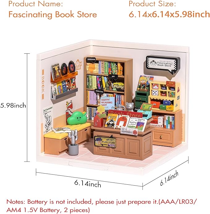 Rolife LED Building Blocks for Adults1:24 Toy Building SetsModel Building Kits for Kids Ages 8-12-15DIY Miniature Dollhouse Kits for AdultsHobbies for Women Men (3.Fascinating Book Store)