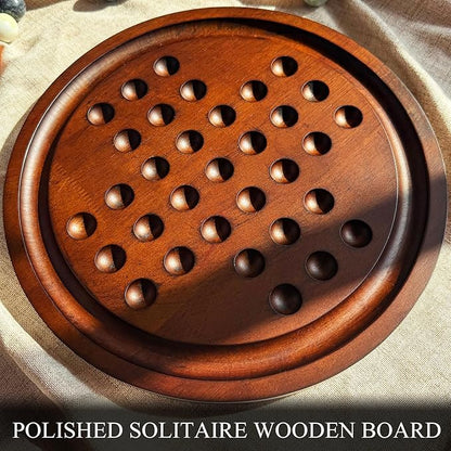 Solitaire Game12.7-Inch inches Solid Wooden Board with 33 Natural Marble Balls Deluxe Solitaire Game Set Single-Player Strategy Board Game and Smart Games