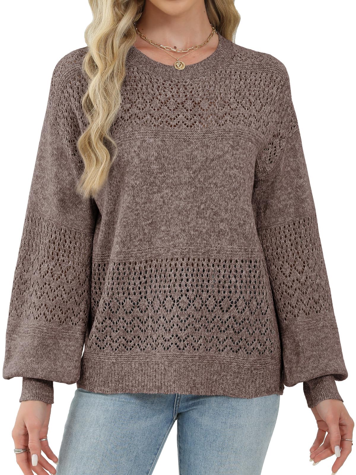 Lylinan Womens Sweaters Casual Boho Long Sleeve Shirts Crewneck Lightweight Crochet Tops Pullover Knit Sweater
