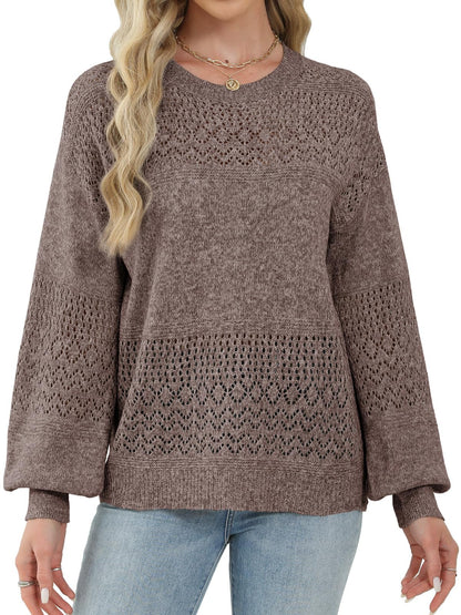 Lylinan Womens Sweaters Casual Boho Long Sleeve Shirts Crewneck Lightweight Crochet Tops Pullover Knit Sweater