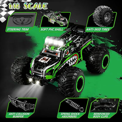 Remote Control Monster Truck for Kids: Off-Road RC Car with Headlights &amp Body Lights 1:18 20 km/h 2WD 2.4 GHz All-Terrain Rechargeable High-Speed - Birthday for Boys Ages 4-12