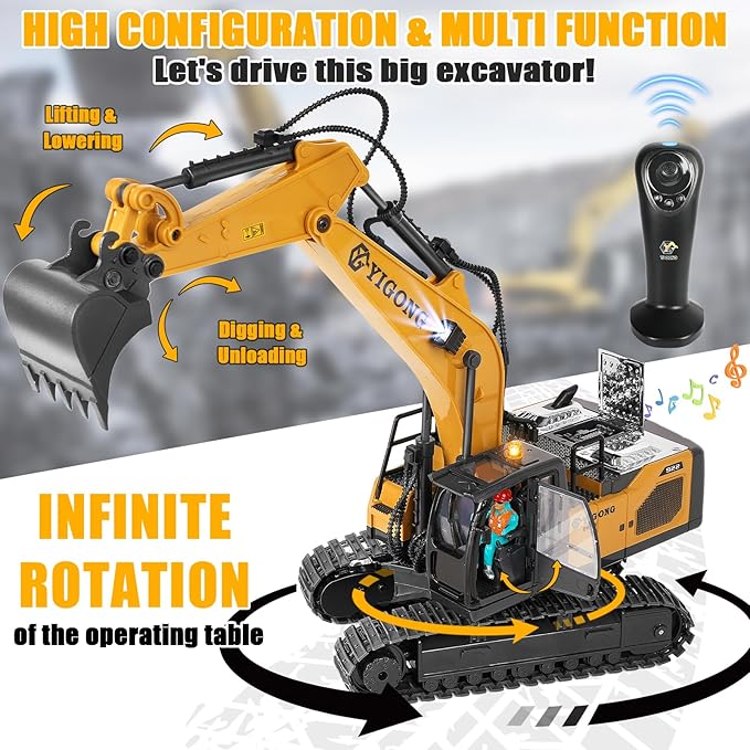 Remote Control Excavator for Boy 6 7 8 9 Years Old 2.4 GHz Gravity Controlled Excavator Toys with Lights Sound Rechargeable 11 CH RC Construction Vehicles Metal Shovel Gifts for Kids 6-12 Year Old