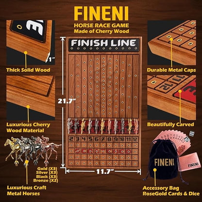 Horse Racing Game for Adults Horse Race Board Game with 11 Luxurious Metal Horses (Gold Silver Black Rose Gold) 22” Cherry Wood Horse Race Game Board Dice &amp RoseGoldCard Included (Cherry)