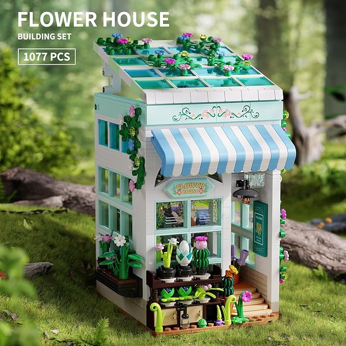 Flower House Building Set with LED Lights 1077 PCS City Greenhouse Building Block Toy Garden House Architecture Book Nook Home Decor Birthday Gift for Adults or Girls 8-12 Years