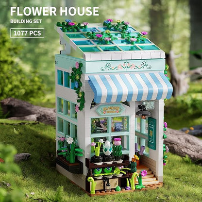 Flower House Building Set with LED Lights 1077 PCS City Greenhouse Building Block Toy Garden House Architecture Book Nook Home Decor Birthday Gift for Adults or Girls 8-12 Years