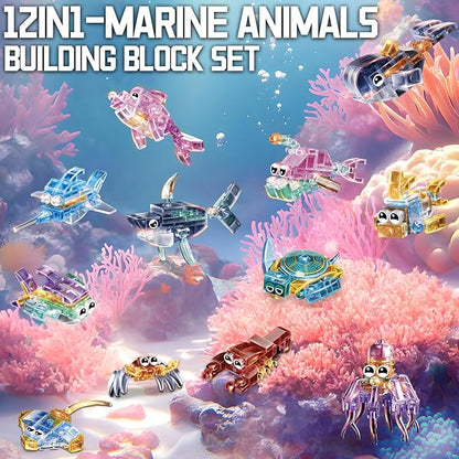 12 Piece Set of Marine Animal Building Blocks Suitable for Goodie Bags Stocking Stuffer Classroom prizes Birthday Gifts Boys' and Girls' Toys 12 in one Building Block Set