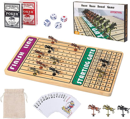 21 in Horse Race Board Game Racing Game Thickened Solid Wood with 11 Metal Horses 2 Cards &amp 4 Dice Horse Racing Game for 2-6 Players