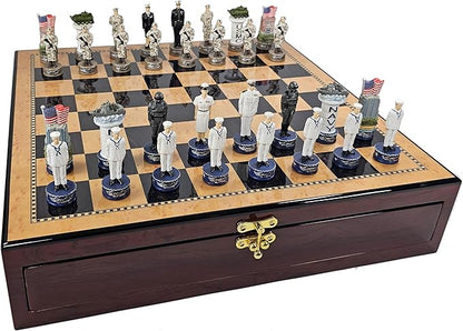 US Military Chess Set Army Navy Air Force or Marines. Choose 2 Branches of Men with 17 inch Walnut Color Storage Board (Navy vs Marines)