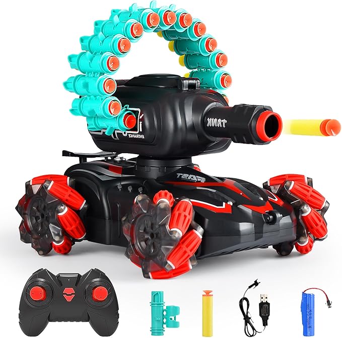BOKSYUR Rc Car Shoot SoftBulletFits for NerfRc Tank That ShootsBattle ANK with Remote Control Tank That Shoots Foam Darts-Stunts16Foam Darts- Birthday Presents ForKids 7 8 9 10 11 Year Old（red2.0