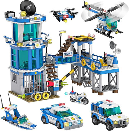 982Pcs City Police Station Building Toy Set - 6-in-1 Emergency Rescue Center with Police Car Boat Helicopter &amp Motorcycle - STEM Police Playset Gift for Kids Boys Girls Ages 6-12