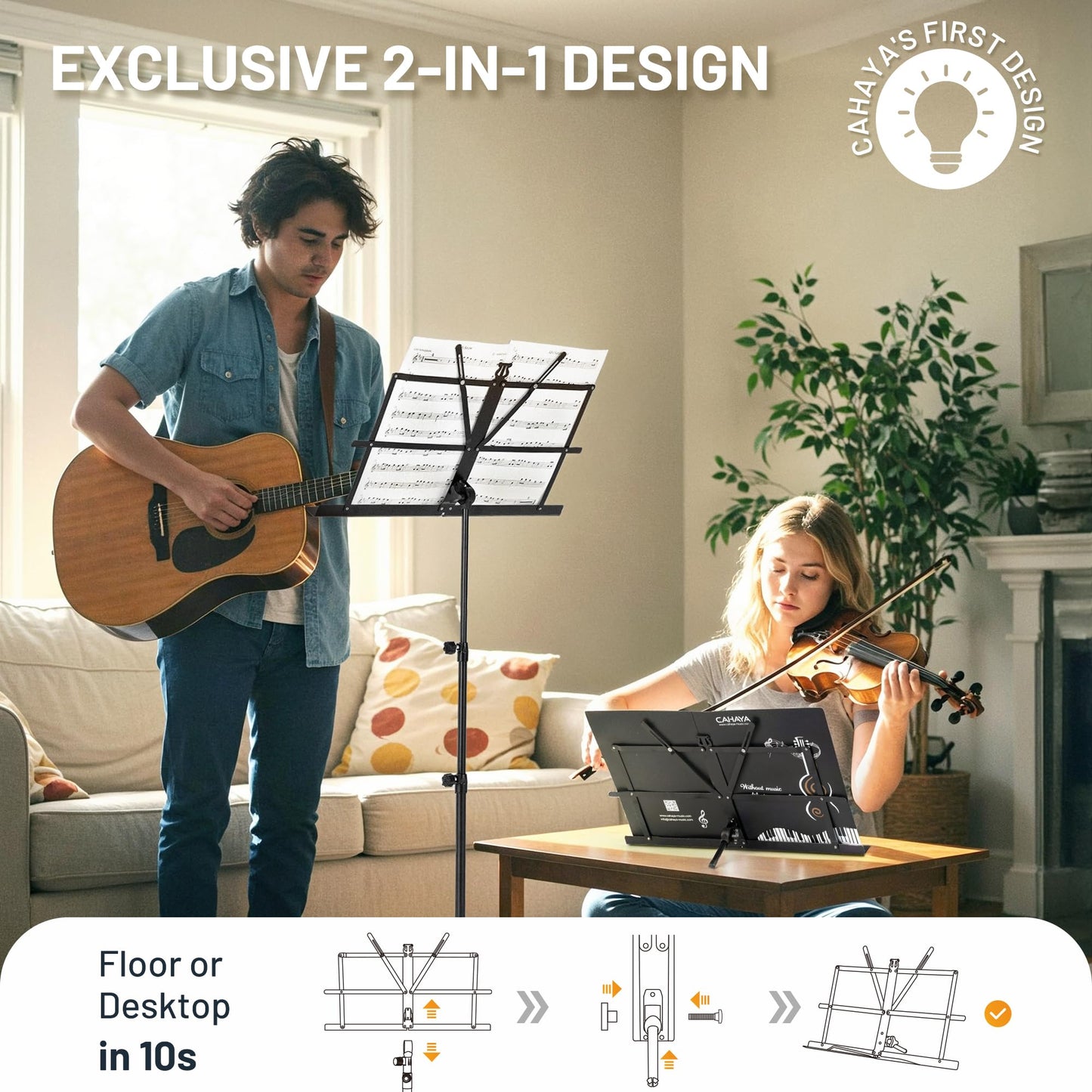 CAHAYA Portable Sheet Music Stand: Dual Use Desktop Book Holder Folding Lightweight Extra Stable Reinforced with Carrying Bag and Clip for Students Musicians Height Adjustable up to 54.3" CMS0204