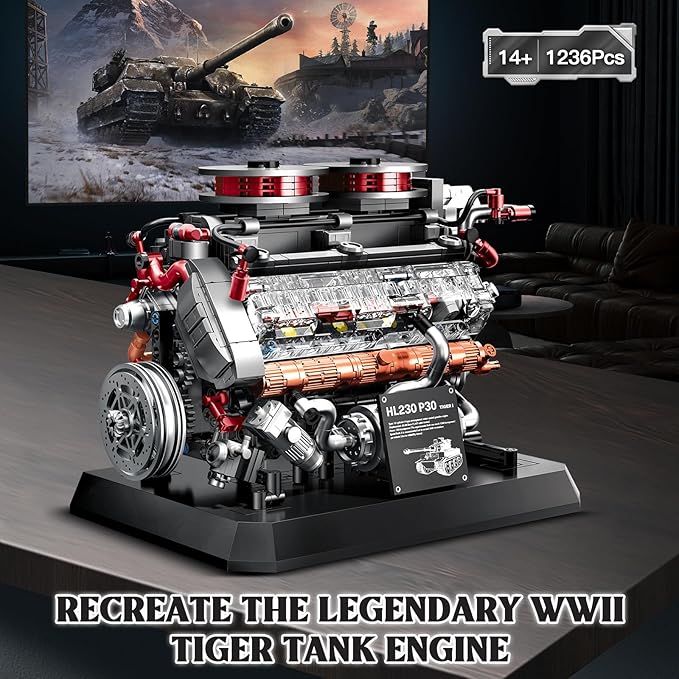 Tiger Tank Engine Building Blocks Set for Adults 14+ 1236PCS Military Model Kit with Movable Gears and Pistons Compatible with Lego Mechanical Engineering Toy for Collectors teenager and Military Fans