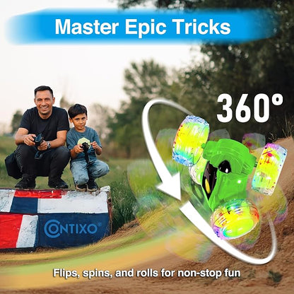 Contixo SC3 RC Stunt Car Green 2.4GHz 4WD Double-Sided 360° Rotating flip Racer Remote Control Toy Cars with LED Lights for Kids Girls Boys Age 4-12 Birthday Gift