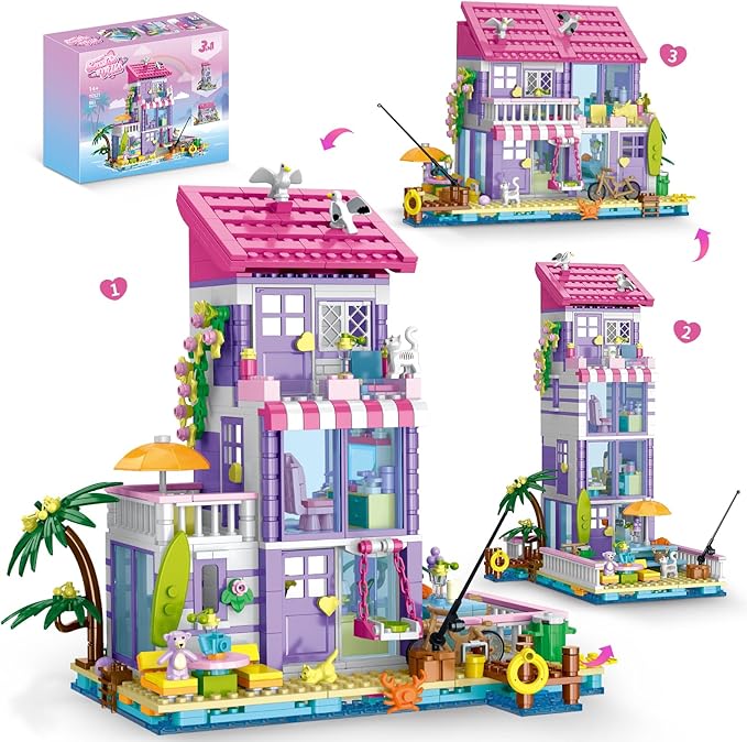 3 in 1 Pink Girls Beach House Building Set with Light Seaside Villa Friends Building Toys Compatible with Lego Friends Construction Educational Toy for Adults &amp 14+ (961 PCS)