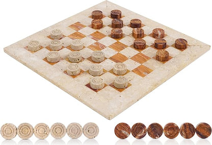 Marble Checkers Set 15 Inch Handmade Travertine &amp Brown Checkers Board Game with Checker Pieces - Board Games for Adults Game Table Accessories Gifts &amp Home Décor