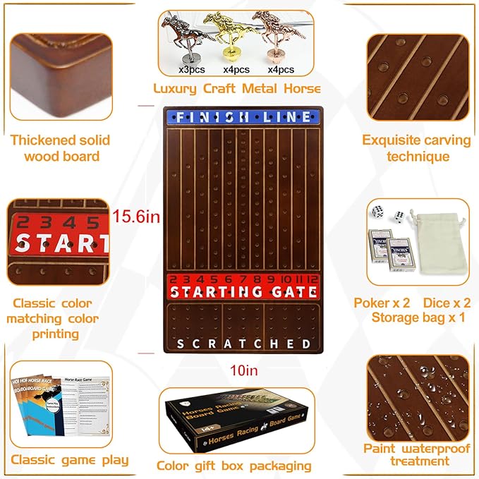 Metal Horse Race Board Game Racing Game Thickened Solid Wood with 11 Luxurious Durable Classic Metal Horses with 2 Dice and 2 Boxes of Cards Horse Racing Game (WalnutRectangle)