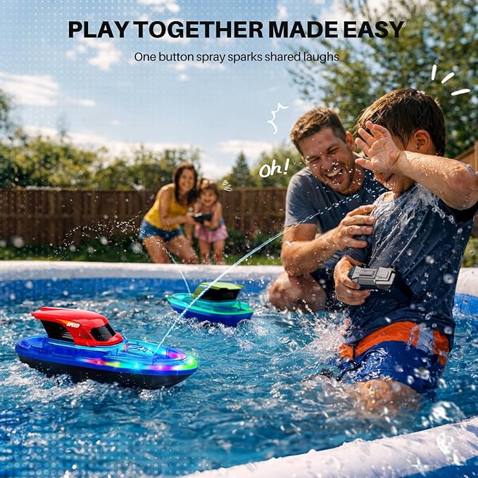 SYMA 2 Pack RC Boats for Kids Remote Control Boats for Pool 7-Mode LED Light Up &amp Water Spray Up to 40 Min Total (2 Batteries) 2.4GHz 164 ft Range Gift for Boys &amp Girls