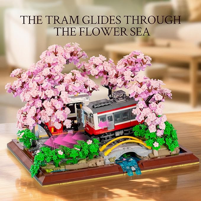 Wise Block Cherry Blossom Train Diorama Building Set – Japanese Artificial Bonsai Tree Building Toy Building Block Set for Home Office Botanical Decor Birthday Gifts for Adults 3150 Pcs