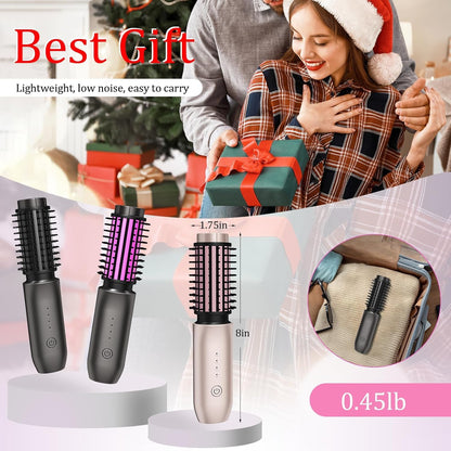 Cordless Hair Curling Iron Brush, Travel Curl Brush, 3-in-1 Portable Curling Iron Cordless, Plasma Thermal Hair Brush, 7000mAh USB Rechargeable Curlings Wand, Mini Hot Curlings Brush-Blush Pink