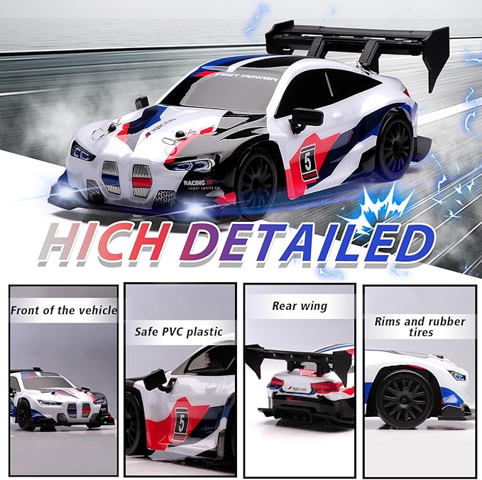 1:24 Scale RC Drift Car4WD 2.4GHz High Speed Racing Hobby Sport Toy Car Vehicle with LED LightsRacing and Drift Wheels for Adult Boys Girls Kids Gift (8605-White)