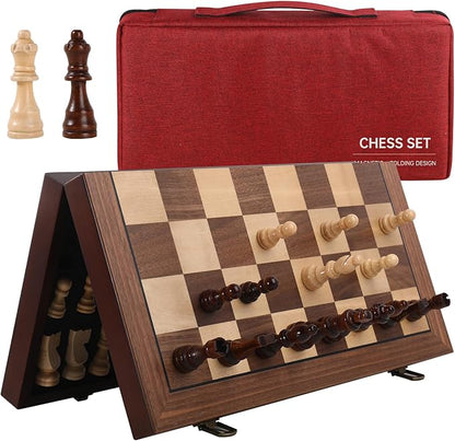 Magnetic Wooden Chess Set 15'' Folding Chess Board Portable Travel Chess Set Games with Chessboard Bag Beginner Chess Set for Tournament Professional Beginner