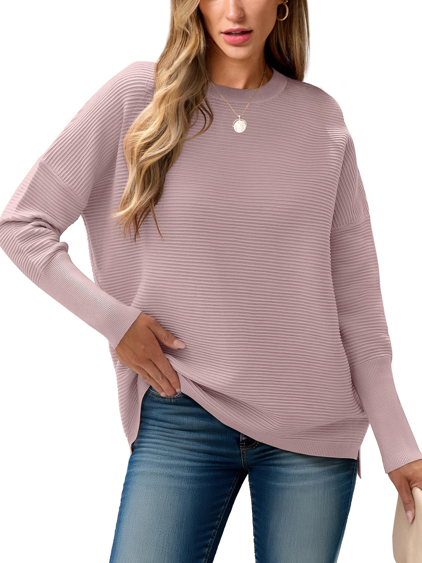 ANRABESS Womens Oversized Batwing Long Sleeve Ribbed Knit Sweaters 2025 Fall Outfits