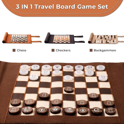 Woodronic 3 in 1 Travel Chess Backgammon Checkers Set Roll-up Leather Backgammon Set with 32 Premium Pearl Pieces and 5 Dices Portable Travel Chess Board Game Set for Adult13x10 Kinch