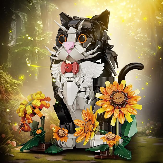 Tuxedo Cat Building Set with Sunflowers for Adults Ages 14+ Compatible with Lego Animal Kit for Home Living Room or Bedroom Decor Black - 1434PCS
