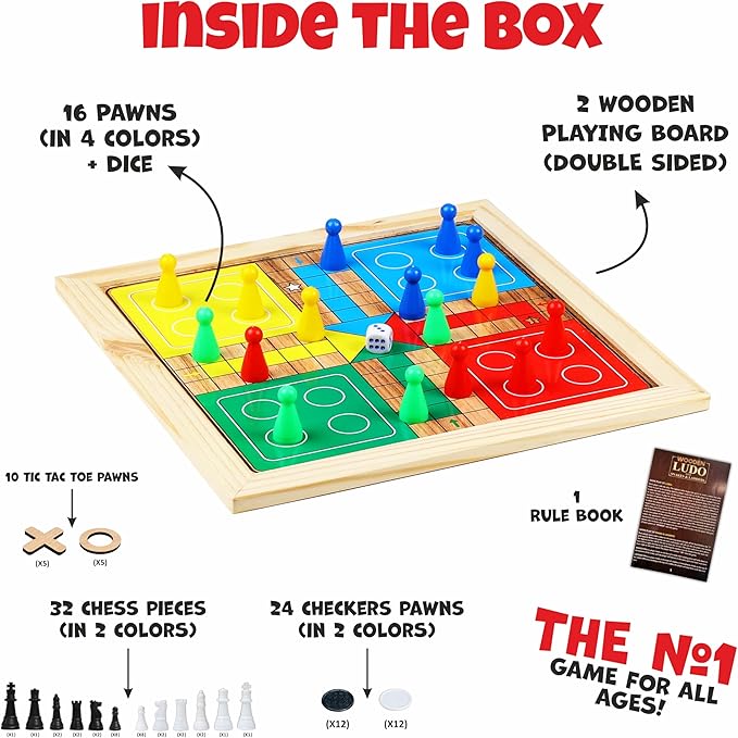 Ankit Toys &amp Games 5-in-1 Wooden Board Game Set Includes Ludo Snakes &amp Ladders Chess Checkers and Tic Tac Toe. Portable Fun for Kids Adults and Family Game Nights | 2 Reversible Boards