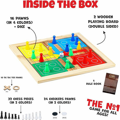 Ankit Toys &amp Games 5-in-1 Wooden Board Game Set Includes Ludo Snakes &amp Ladders Chess Checkers and Tic Tac Toe. Portable Fun for Kids Adults and Family Game Nights | 2 Reversible Boards