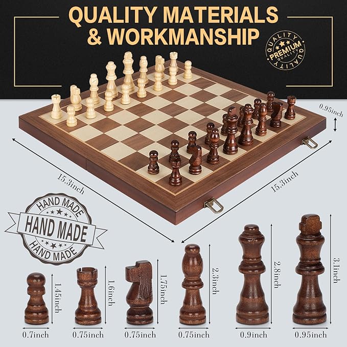 Magnetic Wooden Chess Set 15 Folding Chess Board with 2 Extra Queens Portable Travel Chess Set with Pieces Storage Slots Beginner Chess Board Game for Adults &amp Kids
