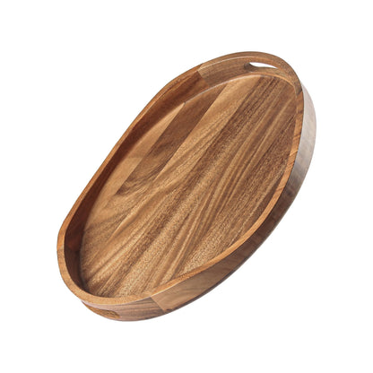 Acacia Wood Serving Tray with Handles - 17"x13" Round, Decorative Ottoman Tray for Living Room, Coffee Table, Breakfast in Bed, Candle Display