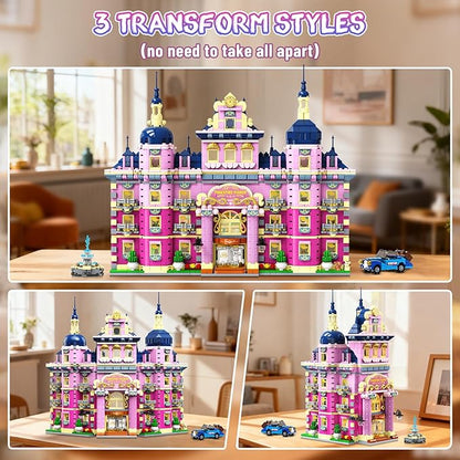 Pink Estate House Building Set with Lights 3 Style Pinkspire Construction Model with Car Fountain 1815 PCS Friends Villa Castle Building Block Kit Home Decor Gift for Adults Boys Girls 8-12+
