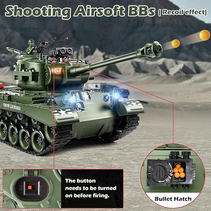 1:18 RC Tank 2.4G US M26 Pershing Remote Control Tank Model Toys That Shoot BBS Army Vehicle Toy with Smoke Lights Sound and RecoilMilitary RC Vehicle for Adults and Kids 6+ Years Old