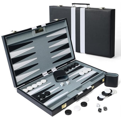 Large Backgammon Sets for Adults 18 inch Black Travel Backgammon Board Game Sets Classic Board Game with Premium Leather Case Portable Travels Strategy Backgammon Game Set for Adults