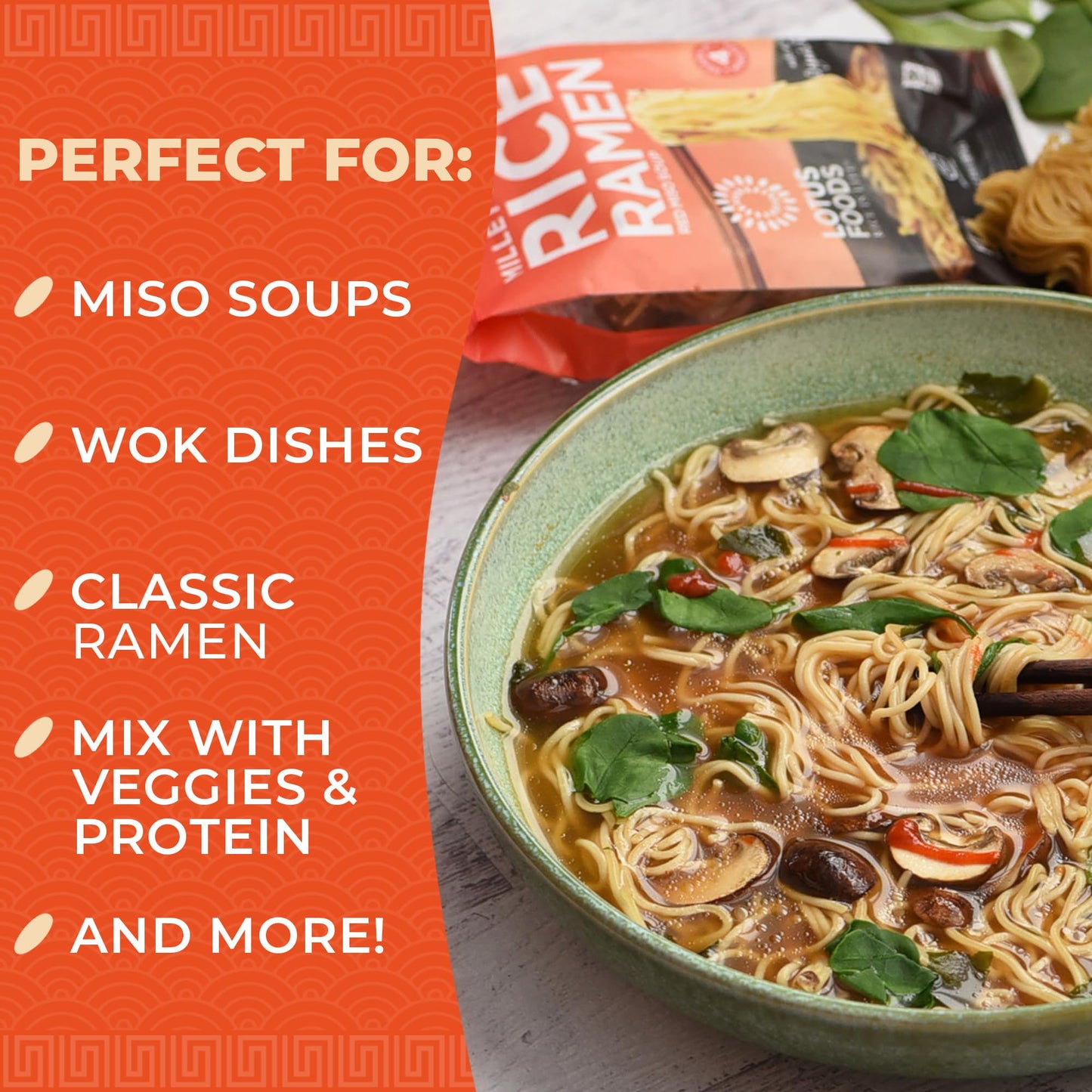 Lotus Foods Bulk Food Organic Millet & Brown Rice Ramen Noodles with Red Miso Soup, Gluten-Free Easy to Cook & Healthy Japanese Noodles with Instant Gourmet Broth, 2.8 Oz (Pack of 10)