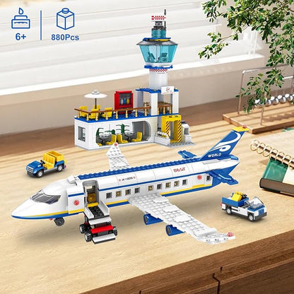 880 Pcs City Airport Passenger Terminal Building Set 6 IN 1 Airplane Building Blocks Toy STEM Aircraft Bricks with Shuttle BusLuggage CartPlanes Model Toys Gifts for Adults Boys Ages 6-12+