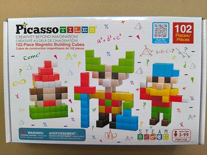 PicassoTiles 102pcs Pixel Magnetic Puzzle Cube 1” Pixel Mix &amp Match Toys with Ideabook STEM Education Learning Building Block Magnets Construction ToySet Stacking Creative Kit for Kids Age 3+ PMC1